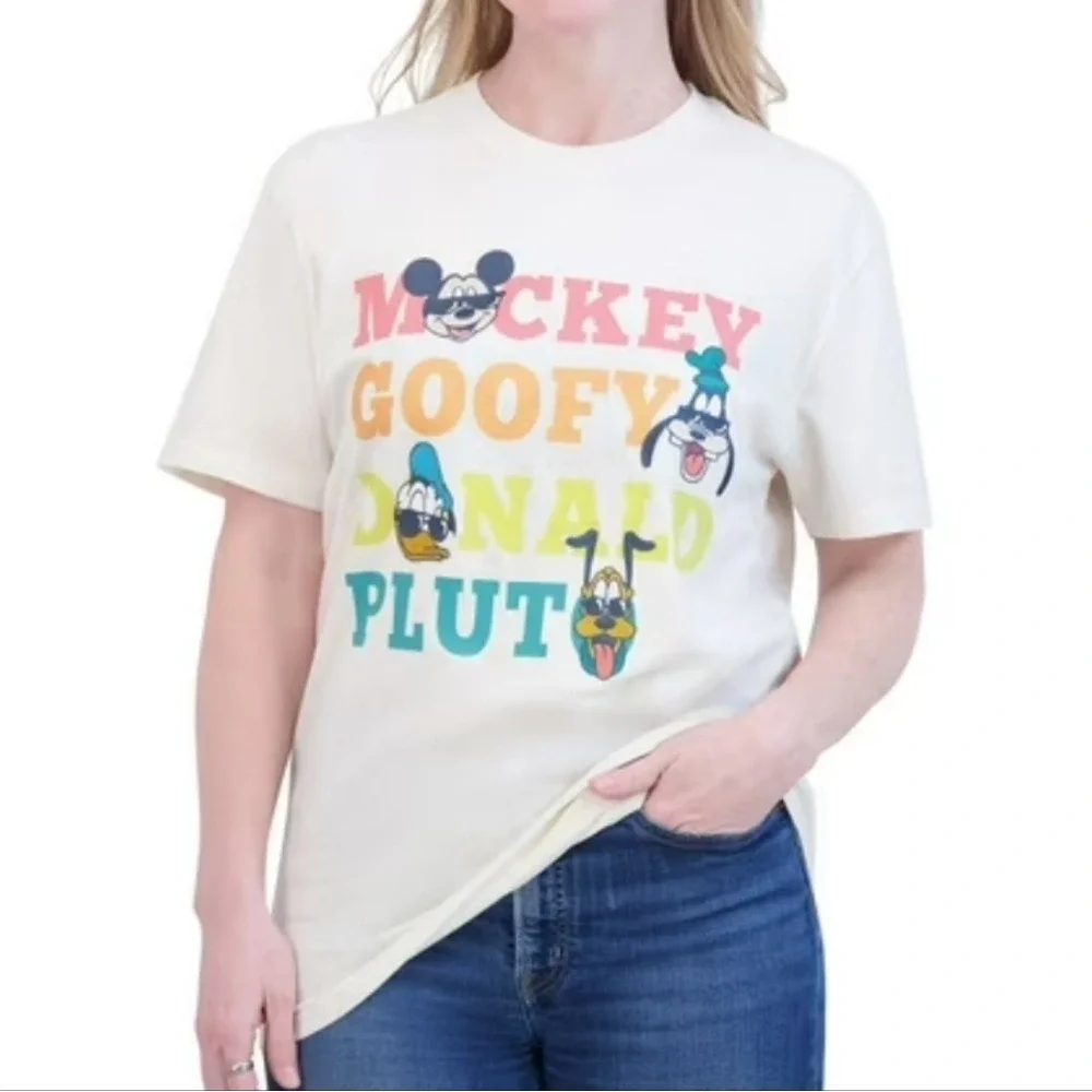 Disney Embroidery Mickey Goofy Donald Pluto Graphic T-Shirt Large Women's Casual